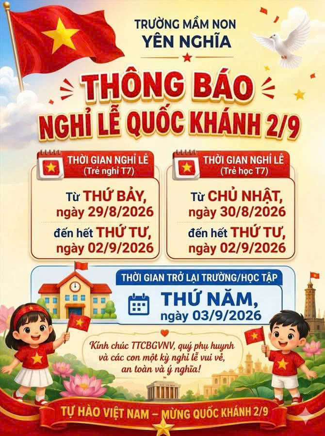 THÔNG BÁO NGHỈ LỄ QUỐC KHÁNH 2/9/2026  CỦA TRƯỜNG MẦM NON YÊN NGHĨA